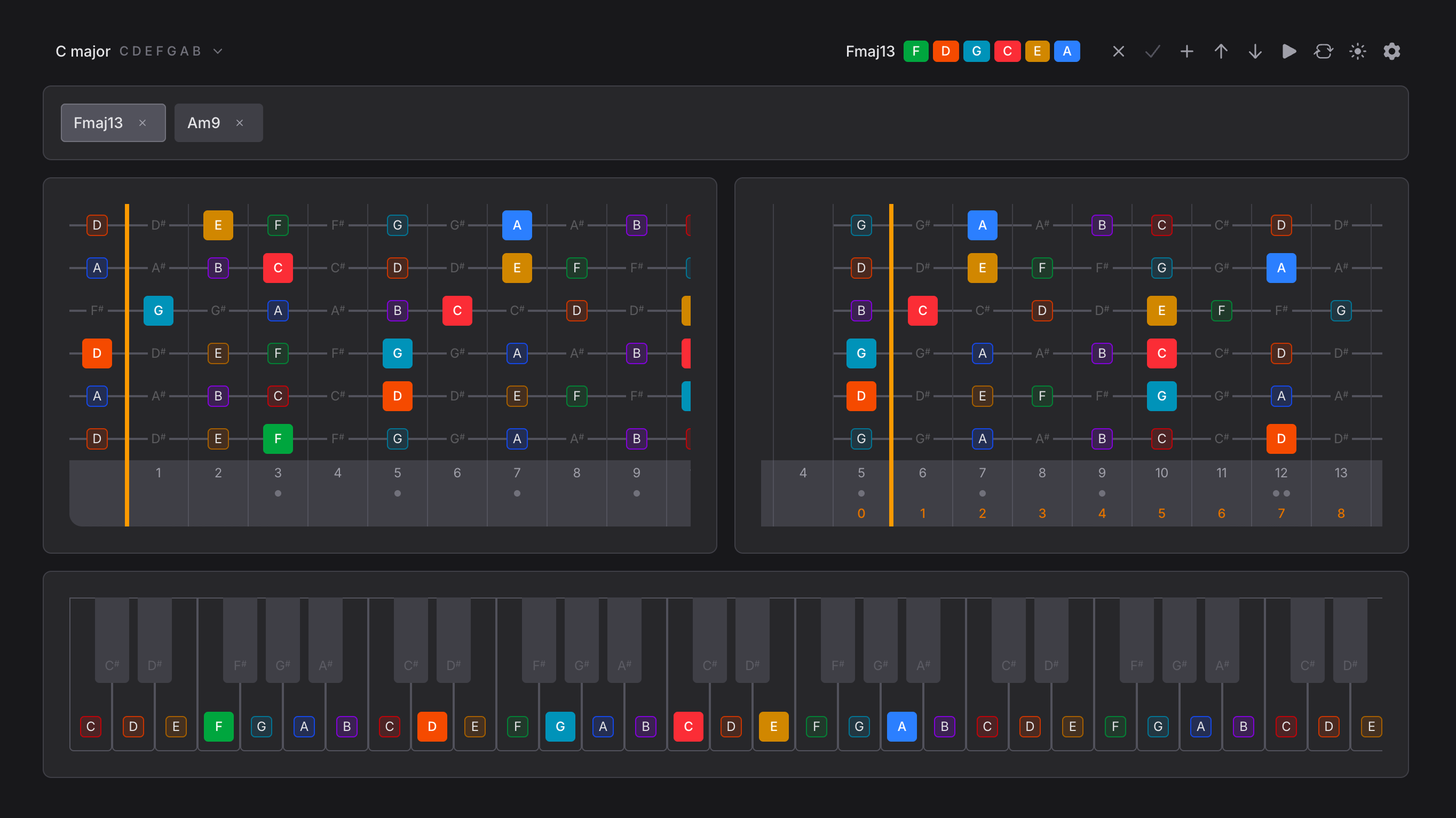Frets 2 Keys application showing chord translation between instruments