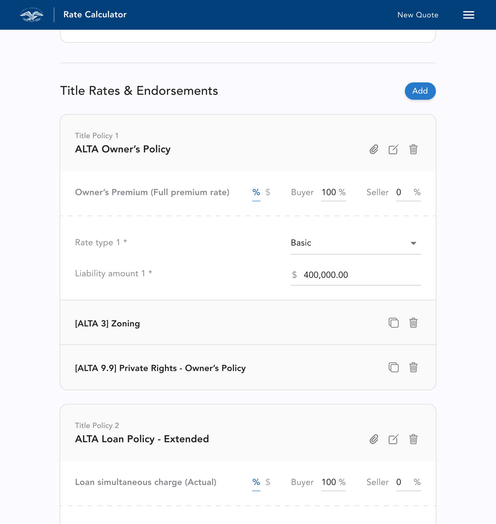 First American Rate Calculator - left panel