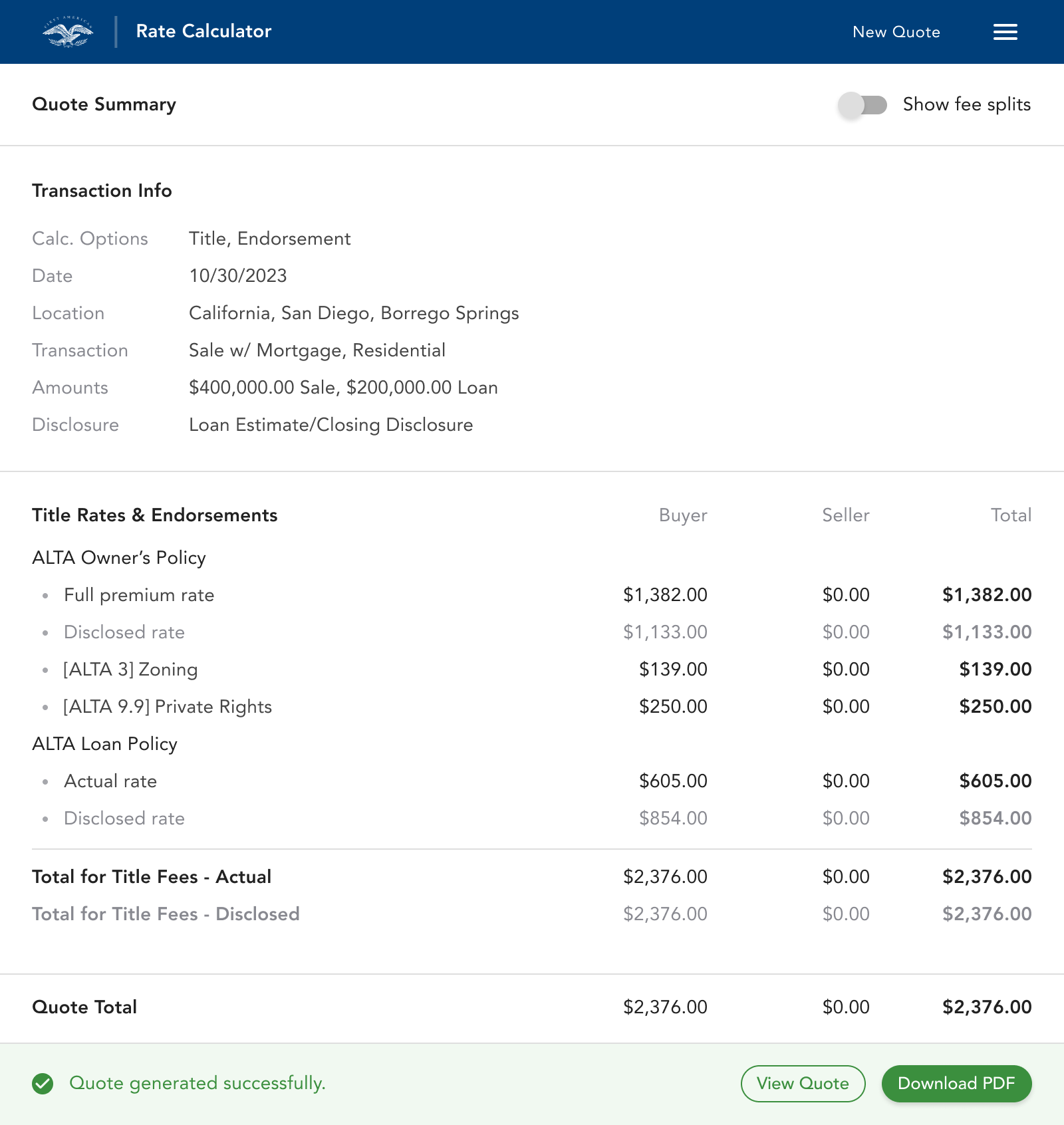 First American Rate Calculator - right panel