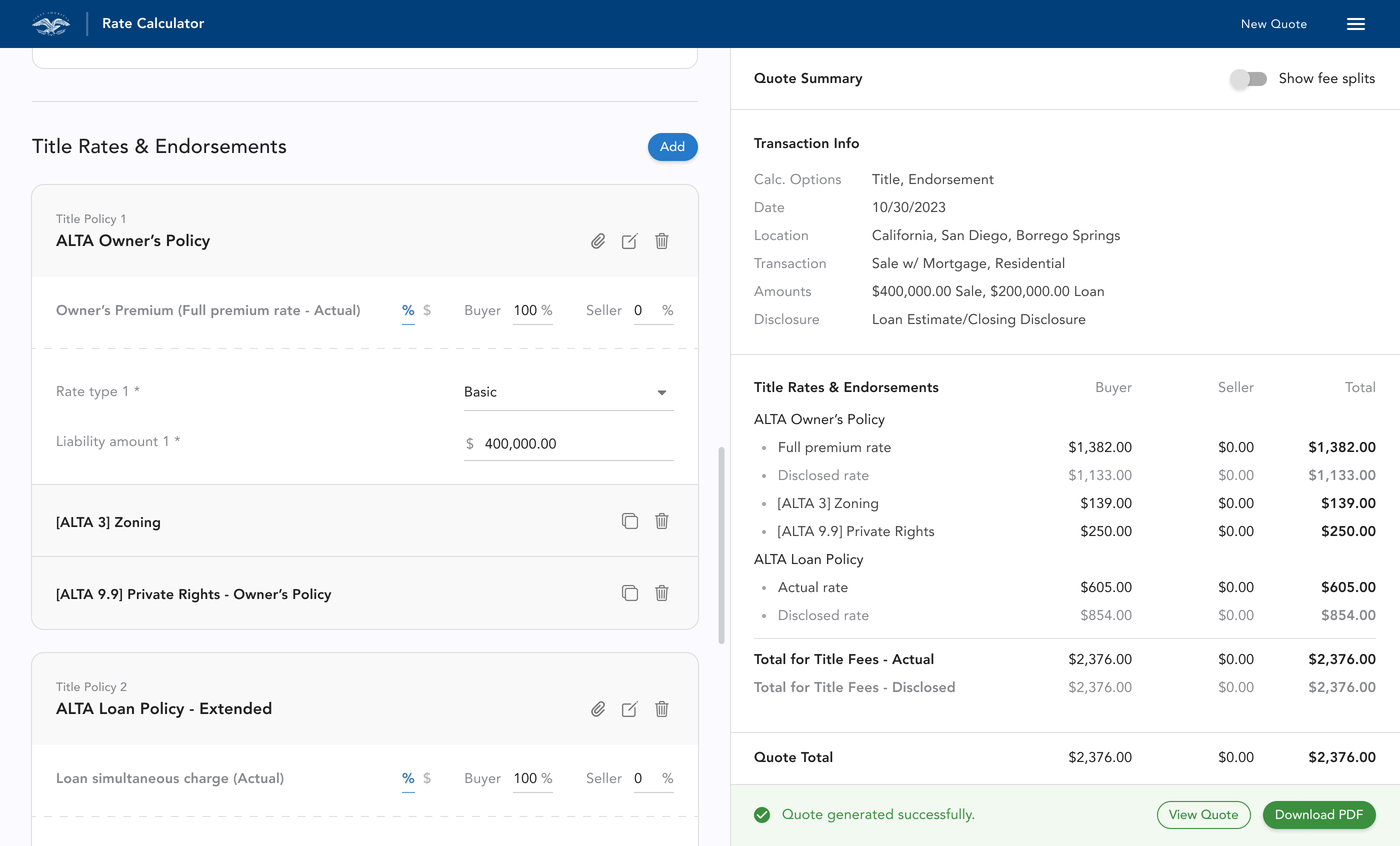 First American Rate Calculator - new design showing the application interface