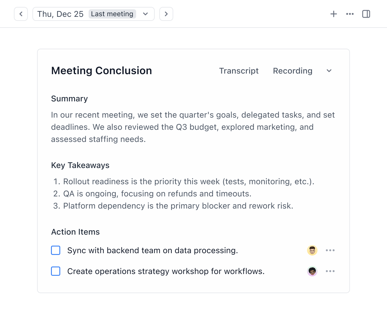 AI-generated meeting conclusion with summary, key takeaways, and action items