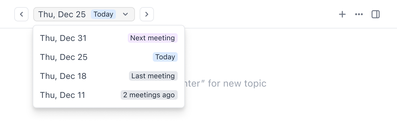 Date picker showing quick navigation between meetings