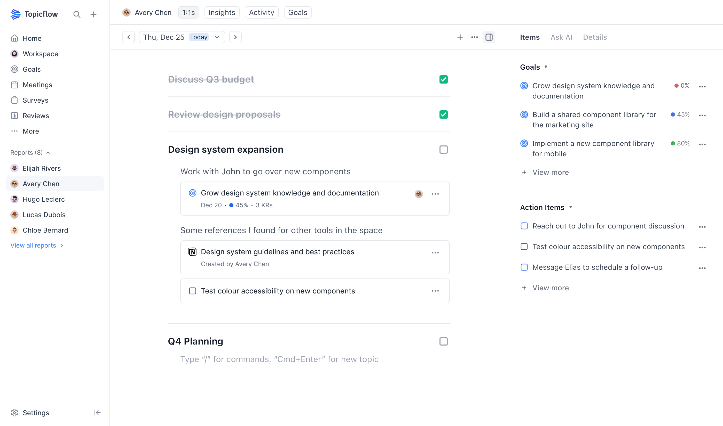 Topicflow meetings interface showing a 1:1 meeting with topics, goals, and action items
